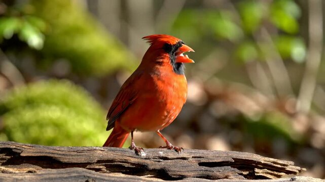 Bright red cardinal bird perched on a log in sunlight, opening its beak to sing in a natural environment