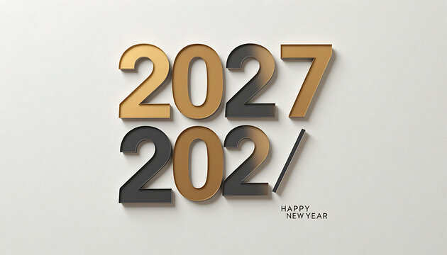 Large three-dimensional numbers 2027 in gold and black tones arranged above smaller 202 slash design with happy new year text on light background happy new year 2027 celebrate new year 2027 picture 