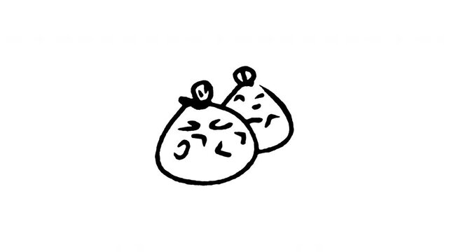 Animated doodle icon of tied plastic bags with rubber bands containing Thai street food.