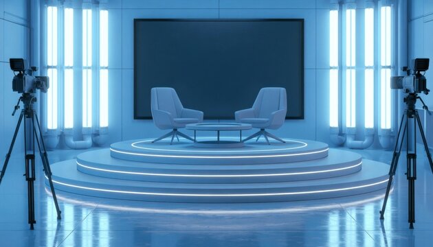Futuristic tv talk show set with two white armchairs on a circular blue lit stage