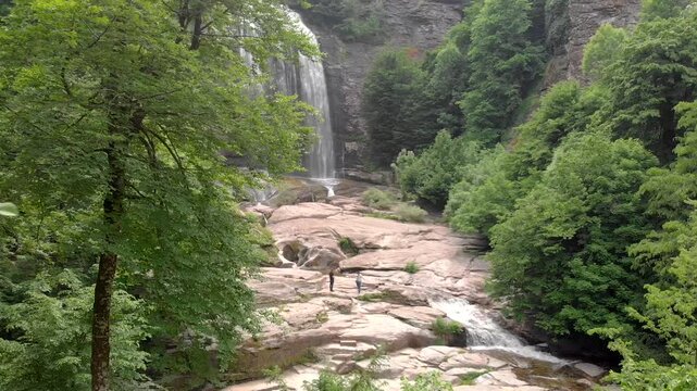 Suuctu Waterfall in Bursa Turkey seen from aerial drone above lush forest canyon.