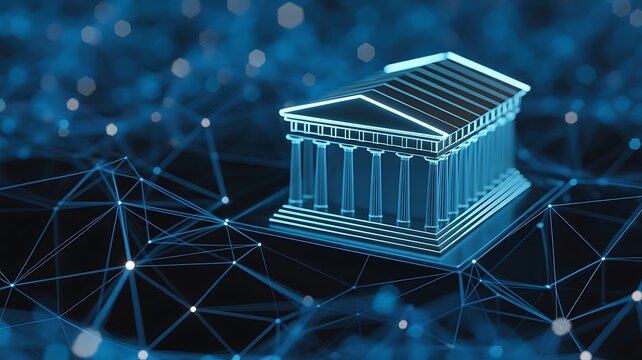 Gleaming neoclassical building rendered in digital network against dark blue bokeh during futuristic concept