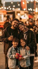 Fototapeta premium a joyful moment at an outdoor event. The family consists of a man, a woman, and two young children. The man, wearing glasses and a black hoodie, holds a drink in his hand. The woman.