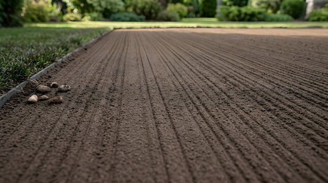 Close Up Of Raked Garden Soil Prepared For New Sod Installation