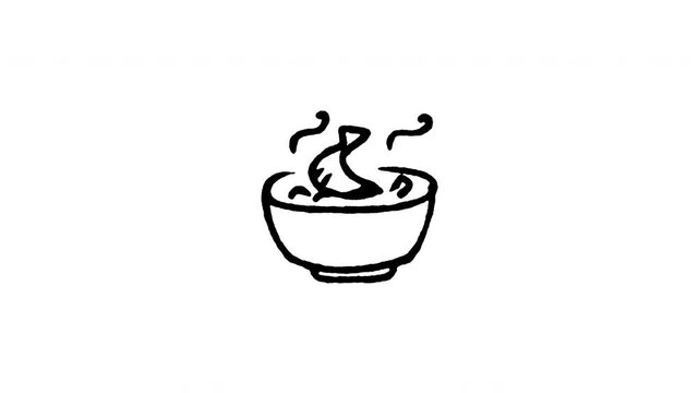 Animated doodle icon of a steaming bowl of spicy Tom Yum Goong shrimp soup with herbs.