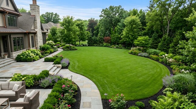 Elevated View Of A Backyard Lawn With Patio Furniture And Garden