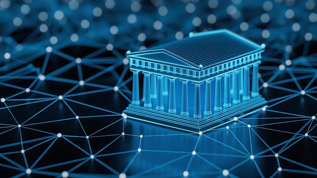 Glowing blue digital bank building interconnected with abstract network nodes on dark background
