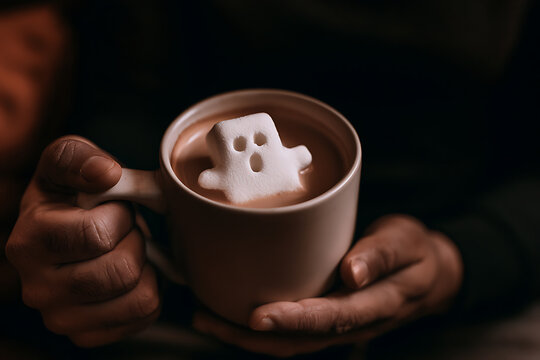 Cozy Halloween drink with ghost marshmallow in a mug during a cool autumn evening