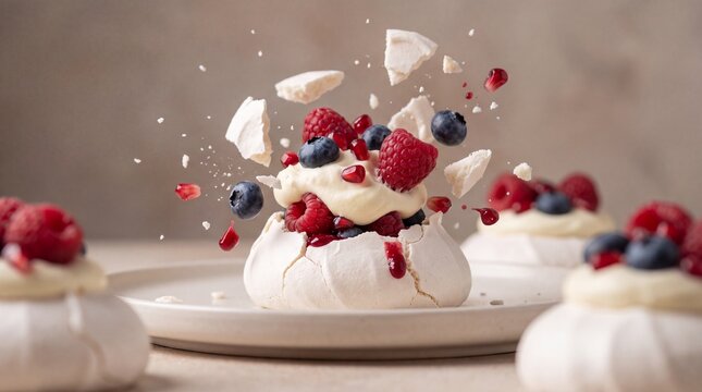 New Year Mini Pavlovas Breaking Open with Cream, Fresh Berries and Crisp Meringue Crumbs