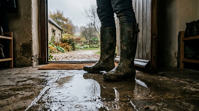 Person wearing tall rubber boots standing in a wet doorway with a puddle on the floor looking out into a garden