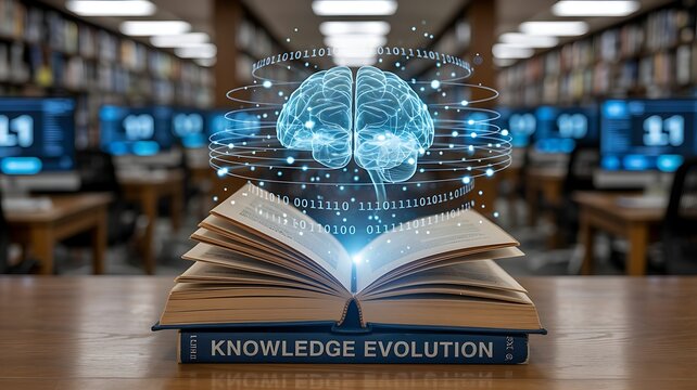Glowing digital brain hologram emerging from open book in dimly lit library symbolizing data evolution and learning