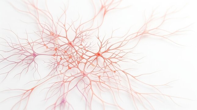 Delicate red neuron-like fibers branching across a clean white background, biomedical macro illustration with translucent membranes and tiny intersections, coral-red and pale pink palette, high-key