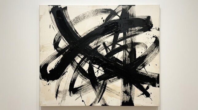 Expressive abstract composition of thick black brush strokes crossing a warm white background, contemporary gestural painting, broad calligraphic marks, layered curves, sharp intersections and bold