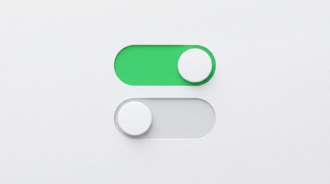 Minimalist toggle switch icons in green and white, 3D neumorphic slider buttons for UI design, modern interface control elements on white background