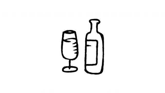 Animated doodle icon of a wine bottle and filled glass for holiday feast and celebration toast.