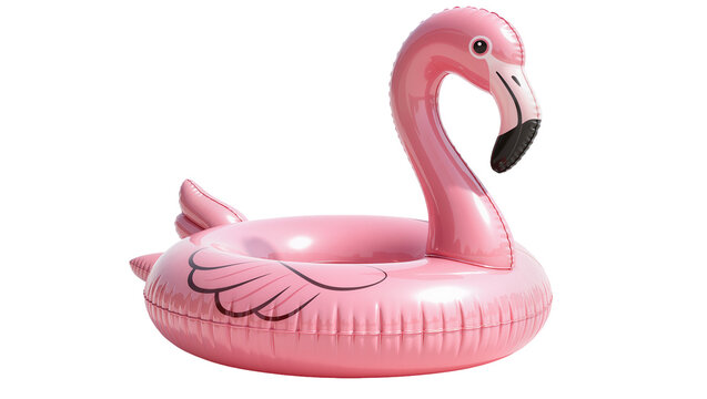 Pink inflatable flamingo pool float with black beak detail, isolated on transparent background