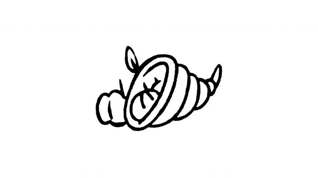 Animated doodle icon of a cornucopia horn of plenty filled with harvest fruits and vegetables.