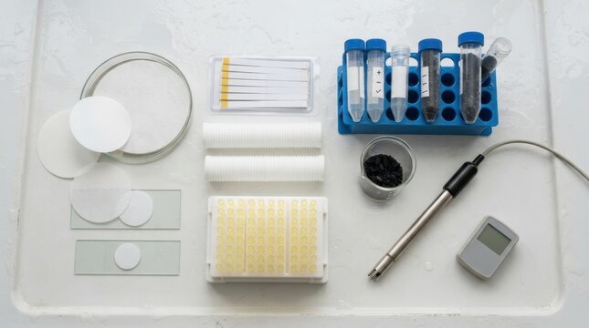 Laboratory water filtration supplies including membrane sheets, filter cartridges, pH strips, pipette tips and conductivity probe arranged on wet lab bench