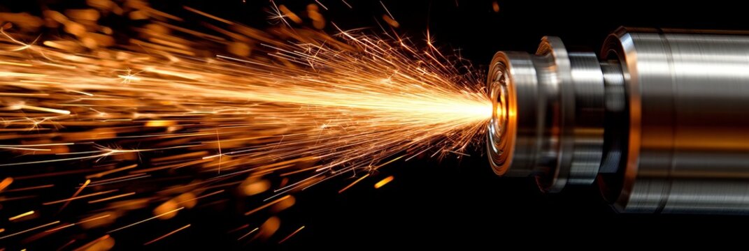 Close up metal cutting process with industrial CNC machine head producing bright orange hot sparks.