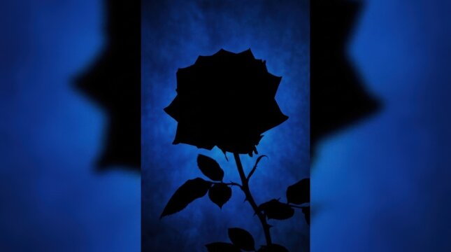 Deep cobalt-blue rose shown as a dramatic near-black silhouette against a vivid blue background, fine-art botanical photography, sculptural petals, monochromatic cool palette, low-key side lighting,