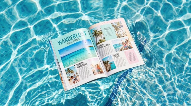 Open magazine or photo book floating in clear sunlit swimming-pool water, creative lifestyle still life photography, vivid aqua, white and pastel printed pages, dancing caustic reflections, overhead