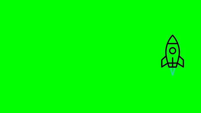 A 2D rocket flying in an elliptical path over a solid green screen background, featuring dynamic flame exhaust.