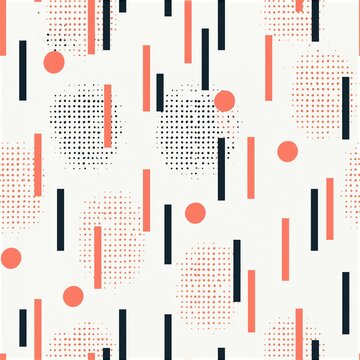 a repeating geometric design. The main subject is a white background with black and orange geometric shapes and dots. The shapes include circles, rectangles, and diagonal lines.