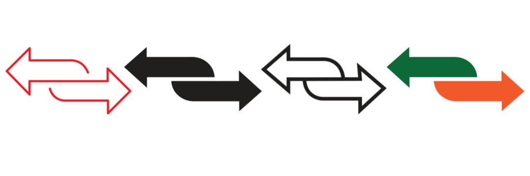 Set of bidirectional arrow icons representing exchange, comparison, or opposite directions in various modern graphic design styles and colors
