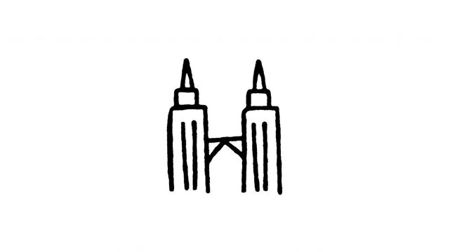 Animated doodle icon of iconic modern twin skyscraper towers with connecting skybridge.