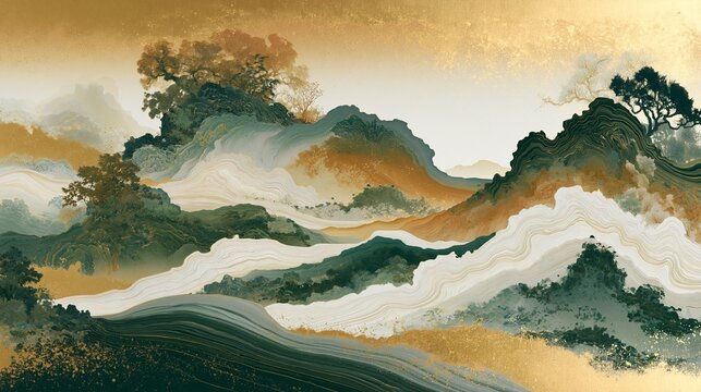 a mountainous landscape. The style resembles traditional Japanese art, characterized by intricate brushstrokes and a rich color palette of golds, greens, and blues.