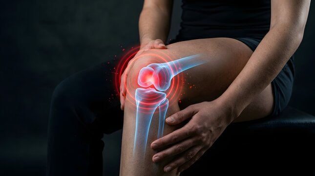 Man Holding Sore Knee with Transparent Anatomy Overlay Highlighting Joint Pain and Inflammation