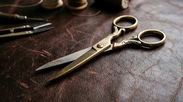 Professional metal hair cutting scissors resting on a dark rustic table in a barber shop salon for beauty styling