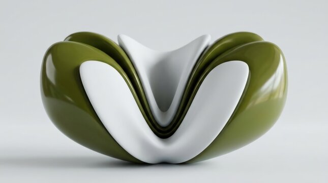 Smooth green and white biomorphic surfaces meeting in a deep central valley, premium abstract 3D render, pale gray background, glossy olive outer forms with matte white inner planes, flowing