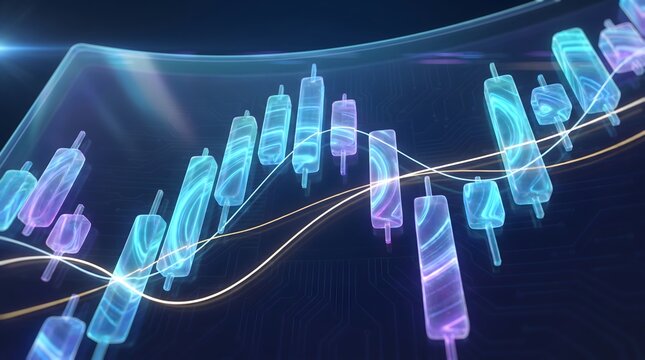 Abstract 3D blue and purple candlestick charts with trend lines reflecting market fluctuations.