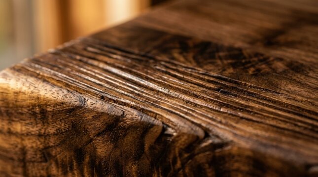Rich walnut wood surface with deep parallel grain and carved linear grooves, abstract macro material photography, warm chocolate-brown and amber palette, low grazing light emphasizing tactile texture,