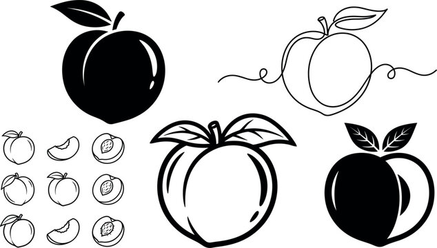 Minimalist peach fruit vector logo icon set featuring continuous one line art single paths bold solid silhouettes and sliced cut halved organic graphics