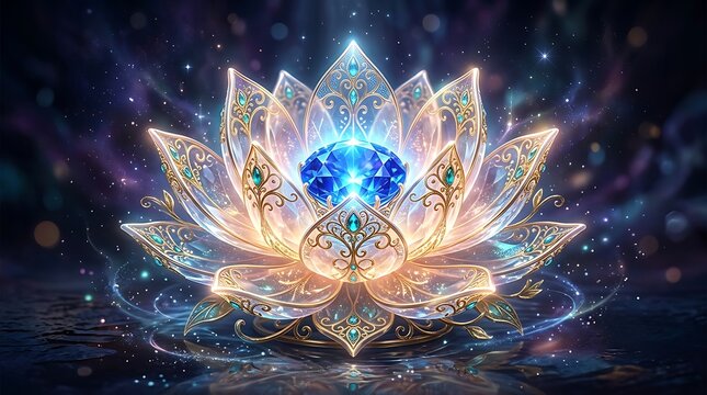 Glowing lotus flower with magical blue crystal center and ornate silver petals on a dark mystical space background
