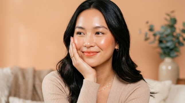 Young woman resting her cheek on one hand against a warm peach background, clean beauty portrait, soft smile, glossy dark hair, natural luminous skin, warm coral and beige palette, flattering diffused