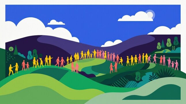 Flat vector landscape with small colorful people standing across rolling green and dark-violet hills, cobalt-blue sky and soft white clouds, bold simplified silhouettes in yellow, coral and pink,