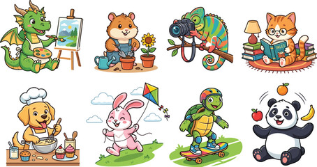 Obraz premium Cute Cartoon Animal Hobbies Set Featuring Dragon Painting Hamster Gardening Cat Reading and Turtle Skateboarding