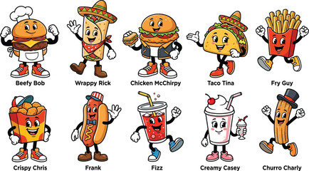 Obraz premium Cute Fast Food Mascot Characters Set Vector Illustration for Restaurant Branding and Stickers