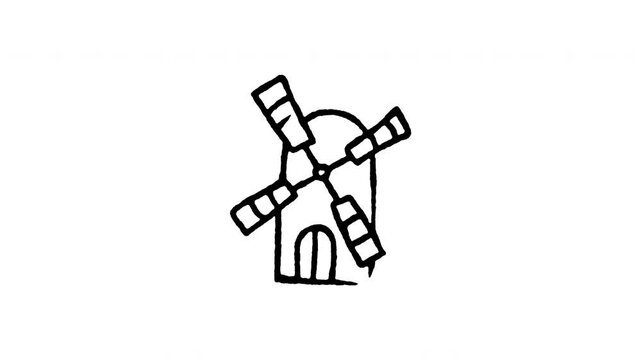 Animated doodle icon of a classic Dutch windmill with rotating blades in the Netherlands.