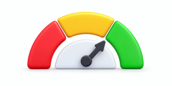 Speedometer gauge with red yellow and green zones indicating performance level or status isolated on white background