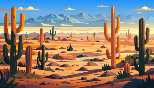 desert, cordillera, cacti, succulents, clouds, rocks, sand, sandstone, mountains, bushes, grass, shadow, vector, panorama, banner, postcard, scenery, romance, adventure, western, nature