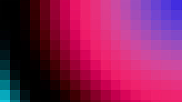 Abstract pixel art background with a vibrant gradient of pink purple and blue colors in a square mosaic pattern