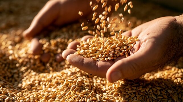a persons hands holding a handful of goldenbrown grain. The grain is suspended in midair, creating a dynamic visual effect. The persons fingers are slightly curled, and their skin has visible veins.