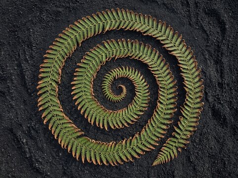 Whorled Fern Spiral on Dark Soil with Natural Texture