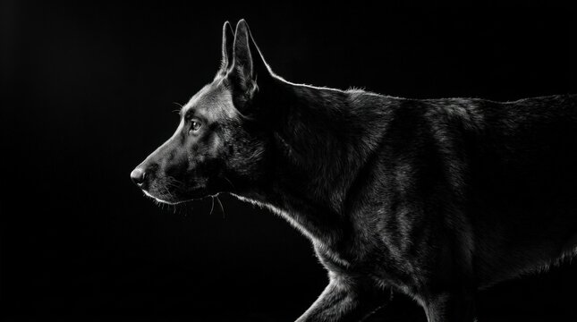Dog in side profile emerging from deep black shadow, dramatic studio portrait with silver rim light tracing the muzzle and fur, monochrome palette, detailed texture, low-key pet photography, dignified