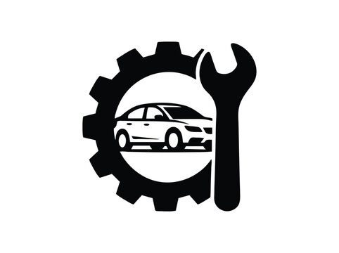 Automotive repair service logo vector, car maintenance icon with gear and wrench, black and white garage workshop emblem for vehicle diagnostics