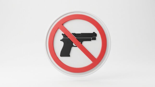 3D render of a no guns allowed sign with a black handgun inside a red prohibited circle on a white background
